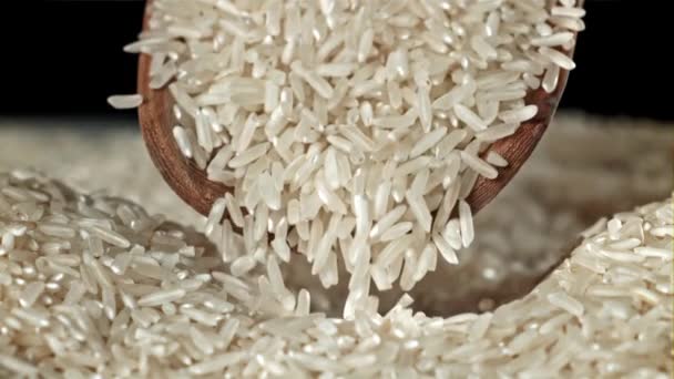 Rice Grains Pour Out Scoop Filmed High Speed Camera 1000 — Stock Video