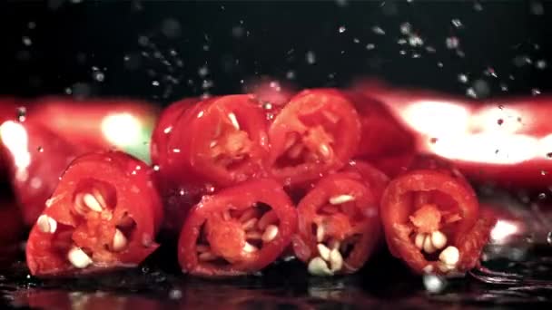 Drops Water Fall Chili Peppers Filmed High Speed Camera 1000 — Stock Video