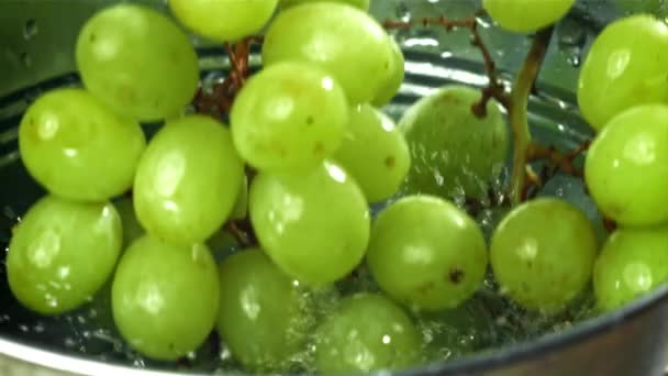 Groene Druiven Vallen Een Emmer Water Gefilmd Een Hoge Snelheidscamera — Stockvideo