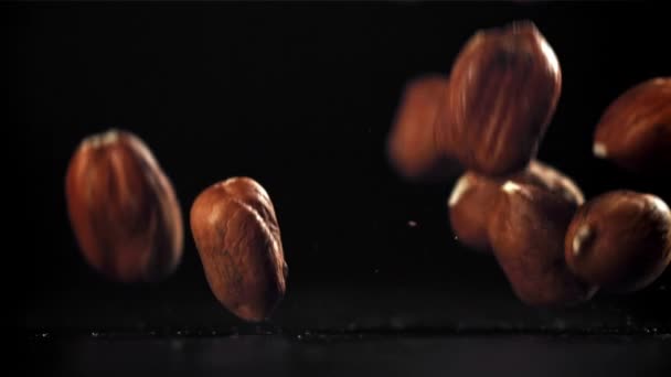 Hazelnuts Fall Table Filmed High Speed Camera 1000 Fps High — Stock Video