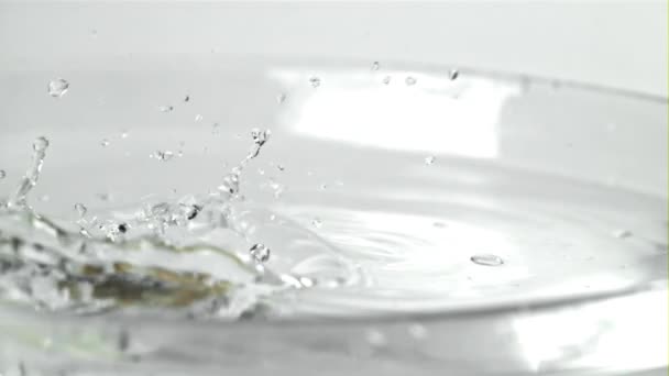 Vongole Valt Met Spatten Het Water Gefilmd Een Hoge Snelheidscamera — Stockvideo