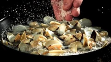 Aşçı taze vongole 'a tuz ekler. 1000 fps 'de yüksek hızlı bir kamerayla çekildi. Yüksek kaliteli FullHD görüntüler