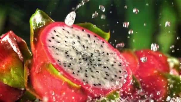 Picături Apă Cad Fruct Tropical Dragon Filmat Cameră Mare Viteză — Videoclip de stoc