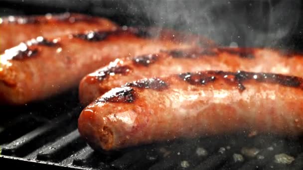 Sausages Fried Splashes Pan Filmed High Speed Camera 1000 Fps — Stock Video