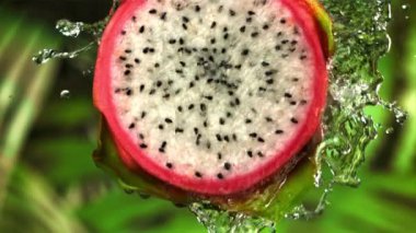 Kesilmiş bir ejderha meyvesinin üzerine su dökülür. 1000 fps 'de yüksek hızlı bir kamerayla çekildi. Yüksek kaliteli FullHD görüntüler