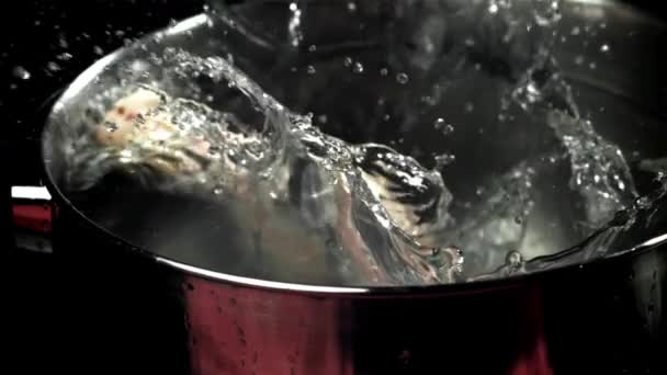 生の鶏の足は水の鍋に落ちる 1000Fpsで高速カメラで撮影しました 高品質のフルHd映像 — ストック動画