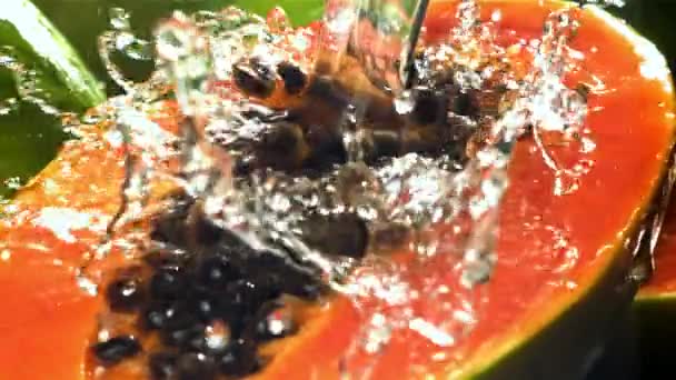 Papaye Tropicale Fraîche Avec Gouttes Éclaboussures Eau Filmé Par Une — Video