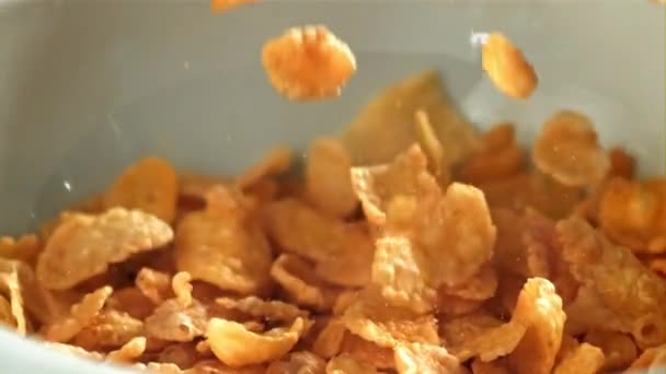 Flocos Milho Caem Prato Filmado Uma Câmera Alta Velocidade 1000 — Vídeo de Stock