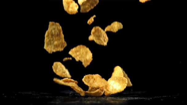 Corn Flakes Falling Black Background Filmed High Speed Camera 1000 — Stock Video