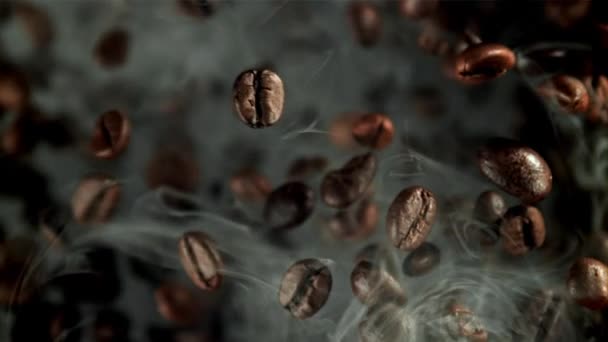 Roasted Coffee Beans Flight Filmed High Speed Camera 1000 Fps — Stock Video