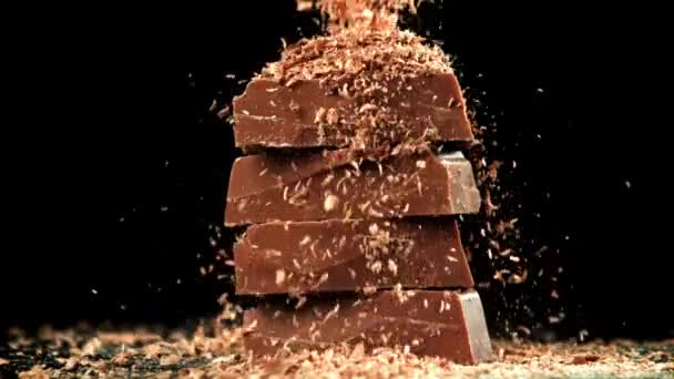 Den Rivna Chokladen Faller Chokladskivorna Inspelning Höghastighetskamera 1000 Fps Högkvalitativ — Stockvideo