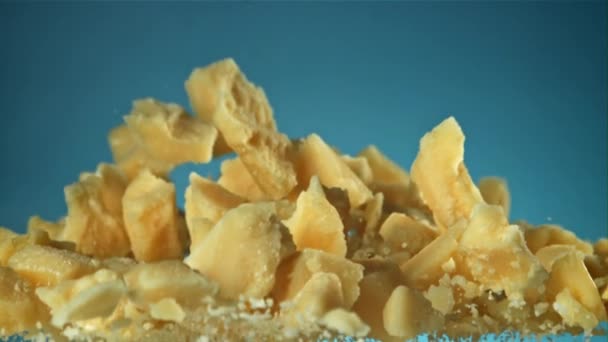 Parmesan Cheese Flies Falls Filmed High Speed Camera 1000 Fps — Stock Video
