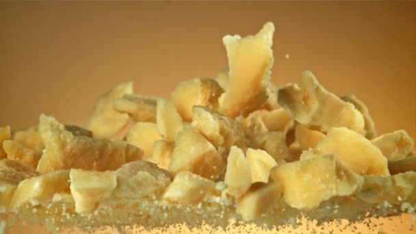 Parmesan Cheese Flies Falls Filmed High Speed Camera 1000 Fps — Stock Video