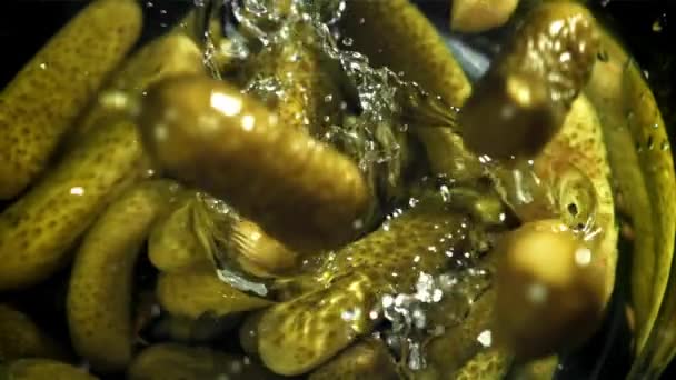 Salatalık Turşusu Suya Düşer 1000 Fps Yüksek Hızlı Bir Kamerayla — Stok video