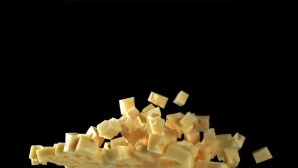 Super Slow Motion Pieces Cheese Black Background Filmed High Speed — Stock Video