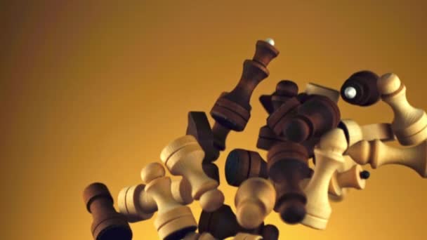 Коллекция Деревянных Шахматных Фигур Расположенных Кругу Ярком Желтом Фоне Создавая — стоковое видео