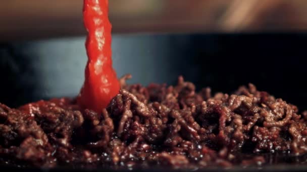 将番茄酱倒入盛满牛肉的平底锅中 烹调出美味的菜式 将肉和调味品混合在一起 — 图库视频影像