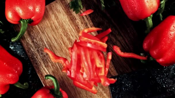 Super Slow Motion Chopped Sweet Peppers Fall Cutting Board High — Stock Video
