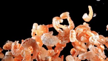 Süper yavaş çekimde taze karides uçar ve düşer. Yüksek kaliteli FullHD görüntüler