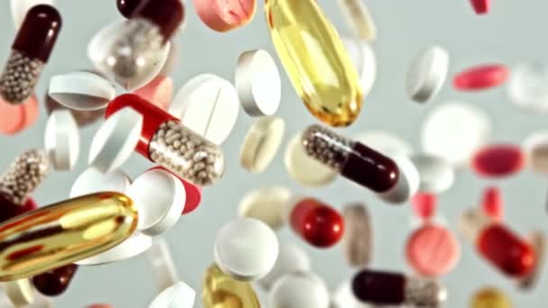 Super Ralenti Diverses Capsules Pilules Tombent Dans Tas Des Images — Video
