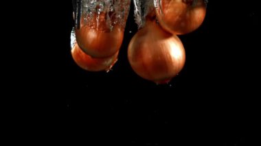 Süper yavaş çekimde soğan suya düşer. Yüksek kaliteli FullHD görüntüler