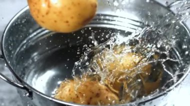 Süper yavaş çekim patatesleri bir kova suya düşer. Yüksek kaliteli FullHD görüntüler