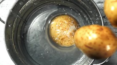 Süper yavaş çekim patatesleri bir kova suya düşer. Yüksek kaliteli FullHD görüntüler