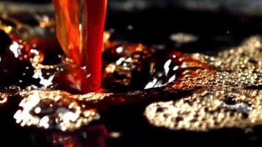 Siyah bir yüzeye kırmızı sıvı dökülmesi, bardağa içki dökülmesi ve farklı kaplara kahve dökülmesi gibi büyüleyici bir video.