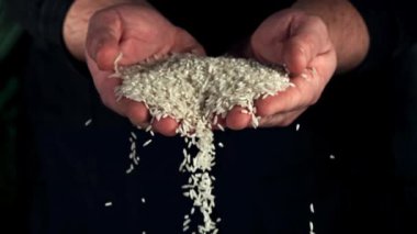 Erkek avuçlarından süper yavaş çekimde çiğ pirinç dökülüyor. Yüksek kaliteli FullHD görüntüler