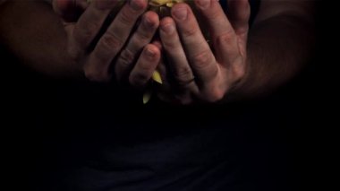 Kuru makarna uçar ve eline düşer. 1000 fps 'de yüksek hızlı bir kamerayla çekildi. Yüksek kaliteli FullHD görüntüler