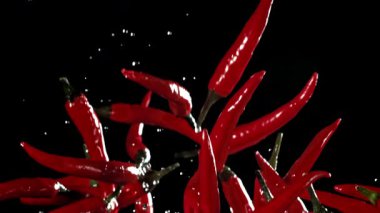 Kırmızı biberler uçar ve düşer. 1000 fps 'de yüksek hızlı bir kamerayla çekildi. Yüksek kaliteli FullHD görüntüler
