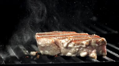 Ton balığı bifteği tavada kızarır. 1000 fps 'de yüksek hızlı bir kamerayla çekildi. Yüksek kaliteli FullHD görüntüler