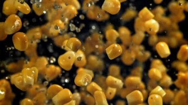 Konserve mısır uçar ve düşer. 1000 fps 'de yüksek hızlı bir kamerayla çekildi. Yüksek kaliteli FullHD görüntüler