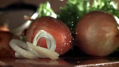 Doğranmış soğan kesme tahtasına düşer. 1000 fps 'de yüksek hızlı bir kamerayla çekildi. Yüksek kaliteli FullHD görüntüler