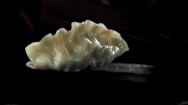 Geleneksel gyoze köfteleri soya sosuna dökülüyor. 1000 fps 'de yüksek hızlı bir kamerayla çekildi. Yüksek kaliteli FullHD görüntüler
