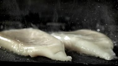 Mürekkep balığı leşi tavada kızartılmış. 1000 fps 'de yüksek hızlı bir kamerayla çekildi. Yüksek kaliteli FullHD görüntüler