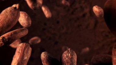 Kakao çekirdekleri uçuyor. 1000 fps 'de yüksek hızlı bir kamerayla çekildi. Yüksek kaliteli FullHD görüntüler