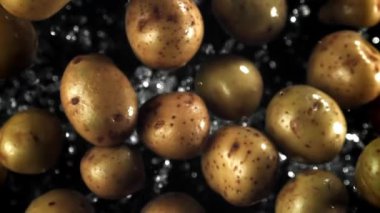 Patatesler uçar ve düşer. 1000 fps 'de yüksek hızlı bir kamerayla çekildi. Yüksek kaliteli FullHD görüntüler