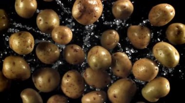 Patatesler uçar ve düşer. 1000 fps 'de yüksek hızlı bir kamerayla çekildi. Yüksek kaliteli FullHD görüntüler