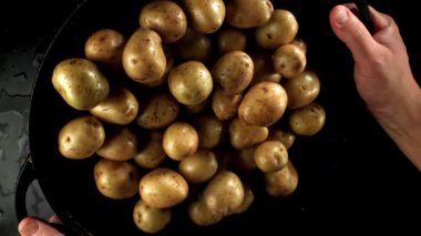 Şef patatesleri tavaya atar. 1000 fps 'de yüksek hızlı bir kamerayla çekildi. Yüksek kaliteli FullHD görüntüler