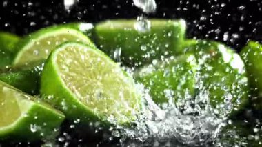 Su damlacıkları taze limonun üzerine düşer. 1000 fps 'de yüksek hızlı bir kamerayla çekildi. Yüksek kaliteli FullHD görüntüler