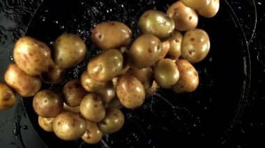 Patatesler suya düşer. 1000 fps 'de yüksek hızlı bir kamerayla çekildi. Yüksek kaliteli FullHD görüntüler