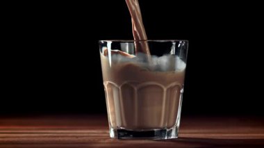 Sıcak çikolata bardağa dökülür. 1000 fps 'de yüksek hızlı bir kamerayla çekildi. Yüksek kaliteli FullHD görüntüler