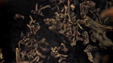 Kuru çay yaprakları dökülüyor. 1000 fps 'de yüksek hızlı bir kamerayla çekildi. Yüksek kaliteli FullHD görüntüler