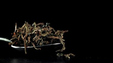 Bir kaşık dolusu kuru çay masaya düşer. 1000 fps 'de yüksek hızlı bir kamerayla çekildi. Yüksek kaliteli FullHD görüntüler