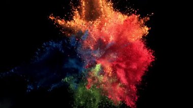 Holi festivali. Renkli tozlar yükselip alçalıyor. 1000 fps 'de yüksek hızlı bir kamerayla çekildi. Yüksek kaliteli FullHD görüntüler