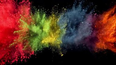 Holi festivali. Renkli tozlar yükselip alçalıyor. 1000 fps 'de yüksek hızlı bir kamerayla çekildi. Yüksek kaliteli FullHD görüntüler