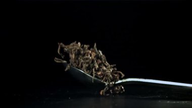 Bir kaşık dolusu kuru çay masaya düşer. 1000 fps 'de yüksek hızlı bir kamerayla çekildi. Yüksek kaliteli FullHD görüntüler
