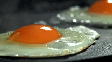 Yumurtalar tavada kızarır. 1000 fps 'de yüksek hızlı bir kamerayla çekildi. Yüksek kaliteli FullHD görüntüler