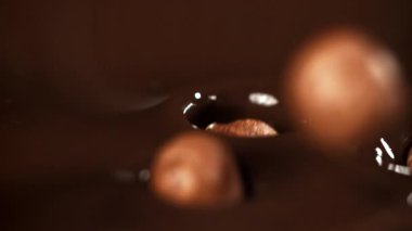 Fındıklar sıvı çikolatanın içine düşer. 1000 fps 'de yüksek hızlı bir kamerayla çekildi. Yüksek kaliteli FullHD görüntüler